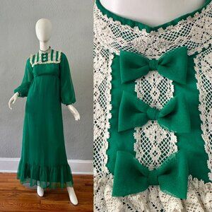 Vintage 70s Green Chiffon Crochet Lace Bow Prairie Gunne Sax Maxi Dress XS